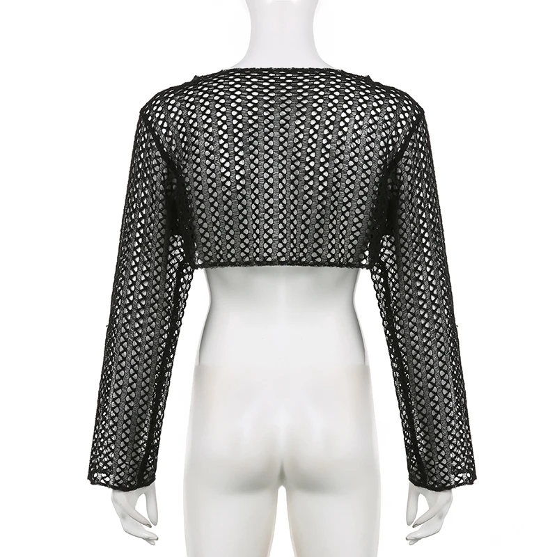 CIBBAR Allentato Scava Fuori I Fori Crop Top Streetwear Y2k Solido Manica Piena A Rete Crop Top Grembiule Donna Casual Coreano980_voghion.com