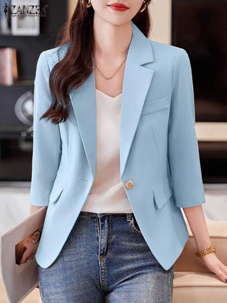 Fashion Women OL Work Blazer Autumn Jackets Thin ZANZEA Elegant Lapel Neck 3/4 Sleeve Suits Office Lady Coats Solid Outwear