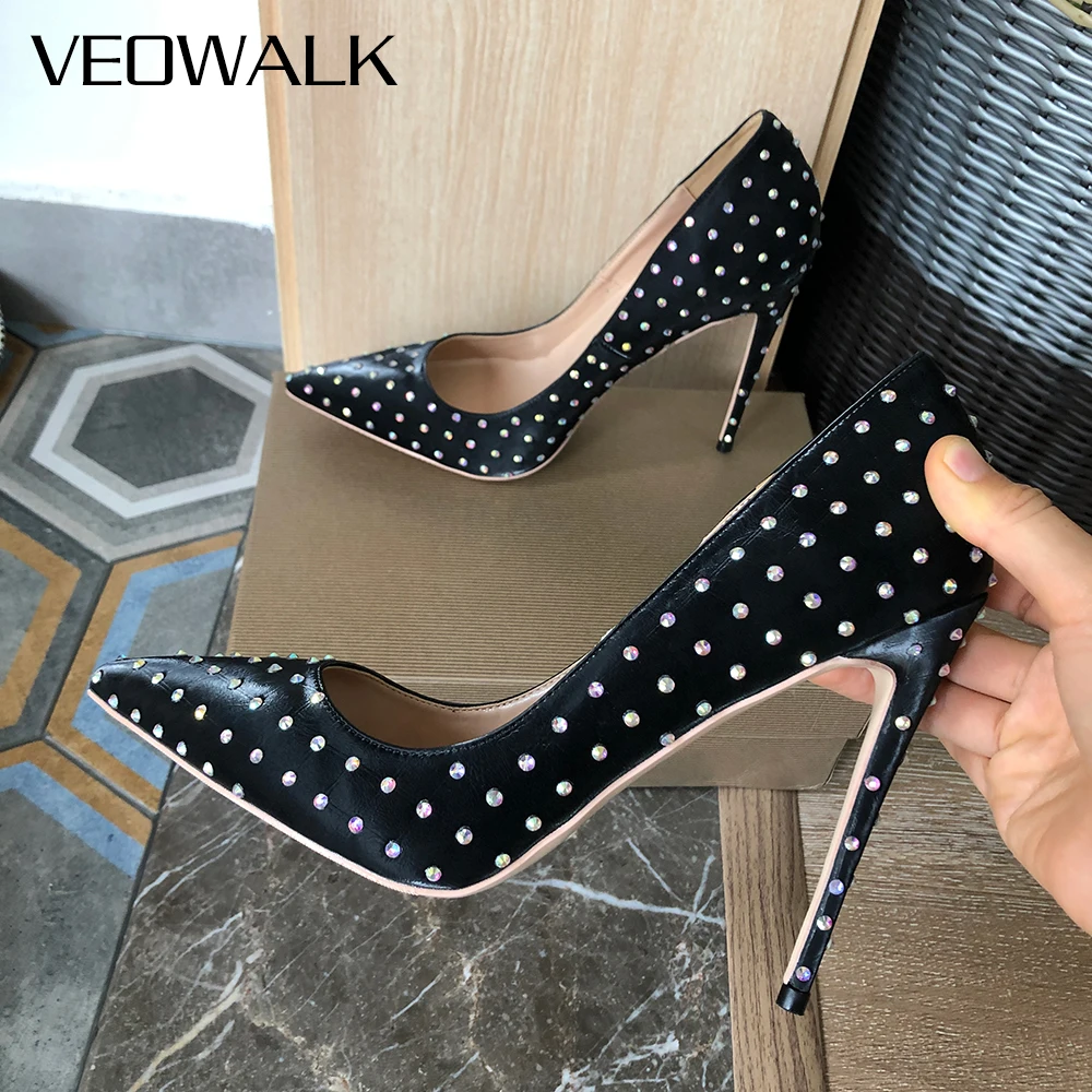 

Veowalk блестящие стразы женские черные туфли из флока с острым носком на шпильке для свадьбы вечеринки элегантные женские туфли на высоком каблуке