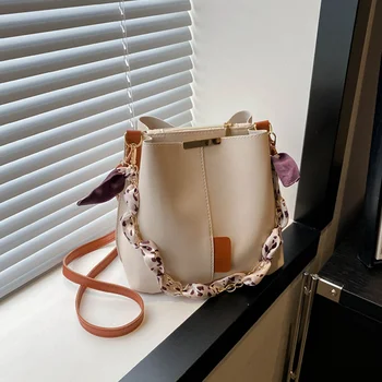 Nuova Borsa a Tracolla da Donna alla Moda, Grande Capacità, con Nastro e Catena, Borsa a Secchiello, Borsa a Tracolla per Uso Quotidiano