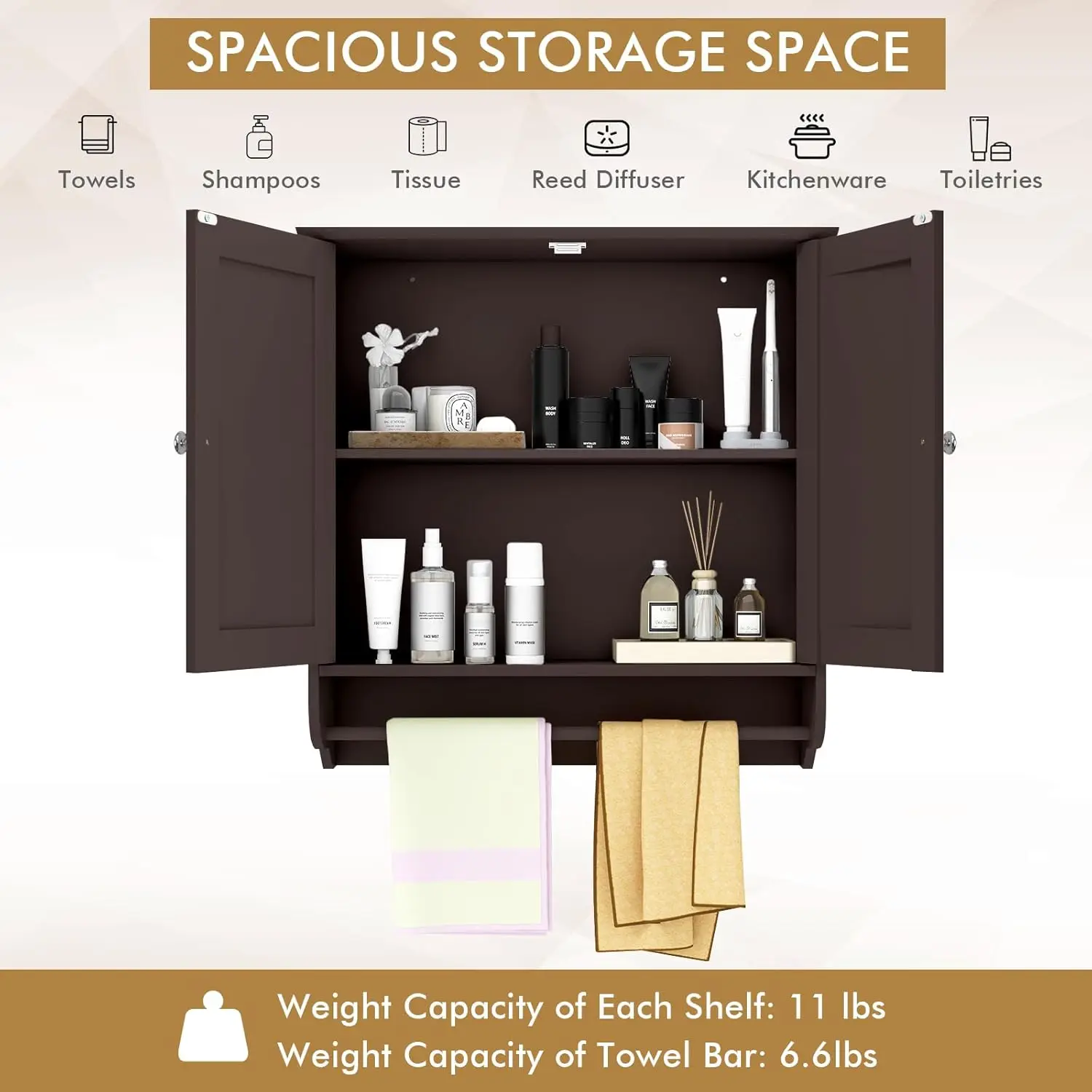 Bathroom Cabinet Wall Mounted, Bathroom Medicine Cabinet with Bar&Double Door&Adjustable Shelf, Over The Toilet Storage Cabinet 6