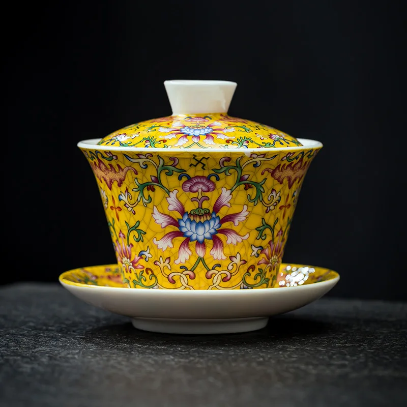 Palace Style Ceramic Gaiwan Enamel Colour with Cover Teacup Light Luxury Chinese Beauty Tea Infuser Home Tea Set Accessories