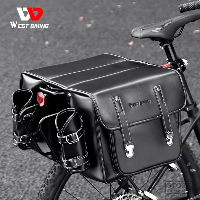

WEST BIKING Long Travel Cycling Pannier Bag Crazy Horse Leather Bike Cargo Waterproof Rear Double Side Bag With 2 Bottle Holder