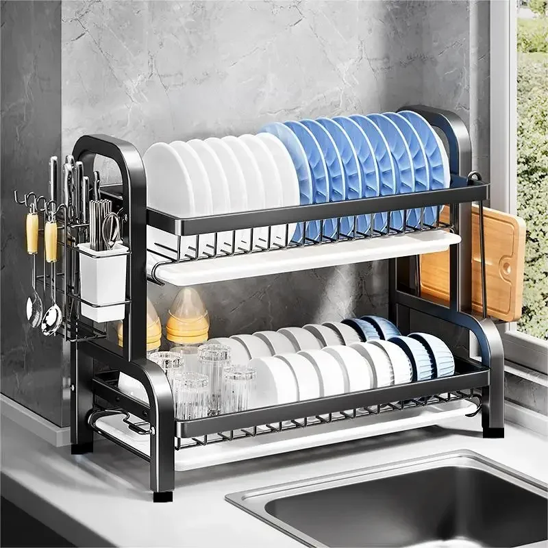 Dish Drying Rack 2-Tier Compact Kitchen Dish Rack Drainboard Set Large Rust-Proof Drainer Utensil Holder