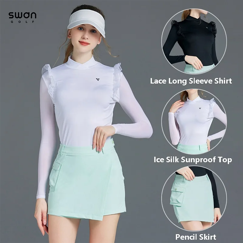 

SG Women Quick Dry Sunproof Golf Shirt Lace Long Sleeve T-shirt Ladies High Waist Pencil Golf Skirt Anti-exposure Sport Culottes