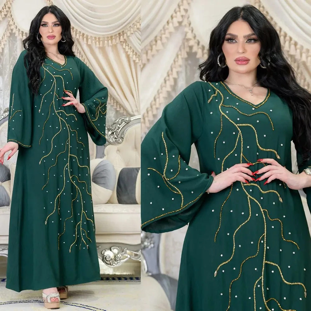 

Muslim Abaya Dress Beading Loose African Dashiki Vestido Cardigan Kimono Long Robe Gowns Jubah Middle East Ramadan Arab Islamic