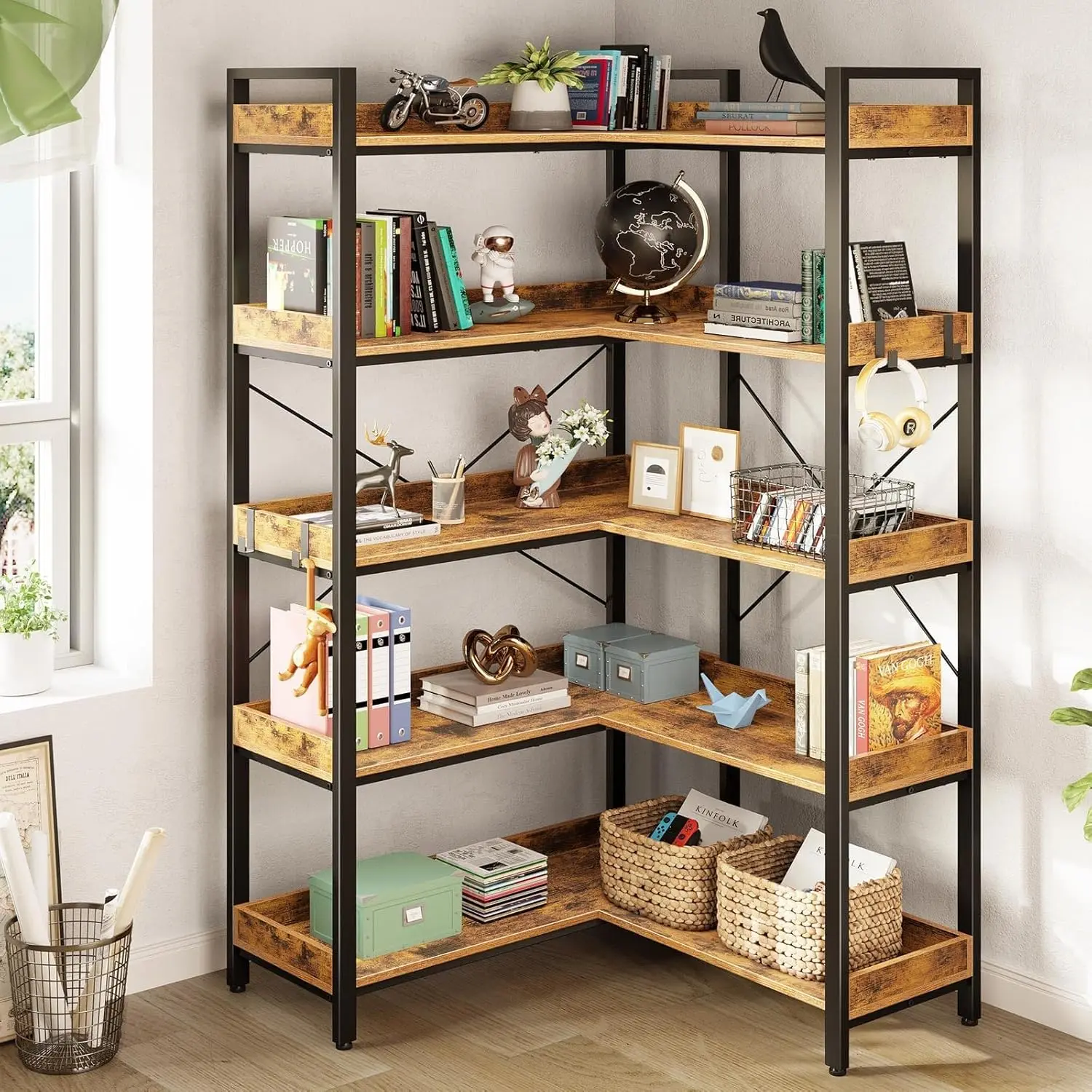 Industrial Reversible Corner Bookshelf with Hooks