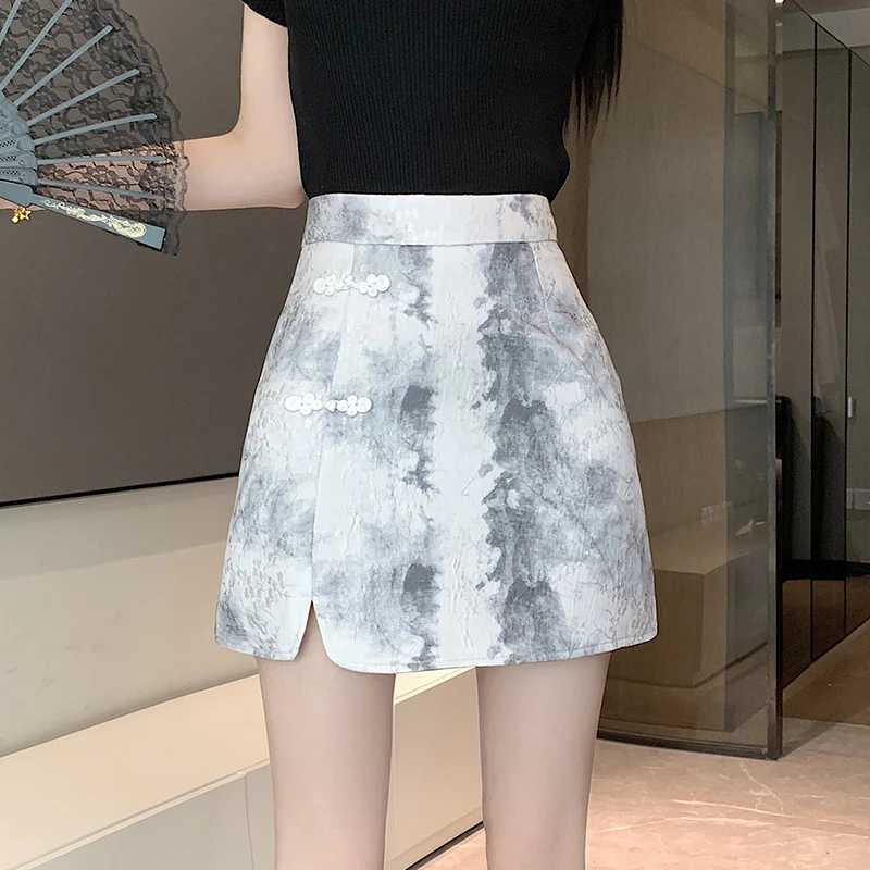 

2024 New Speing and Summer Chinese National Style Jacquard Bustier Skirt Women Ink Painting Casual Versatile Mini Skirt Female