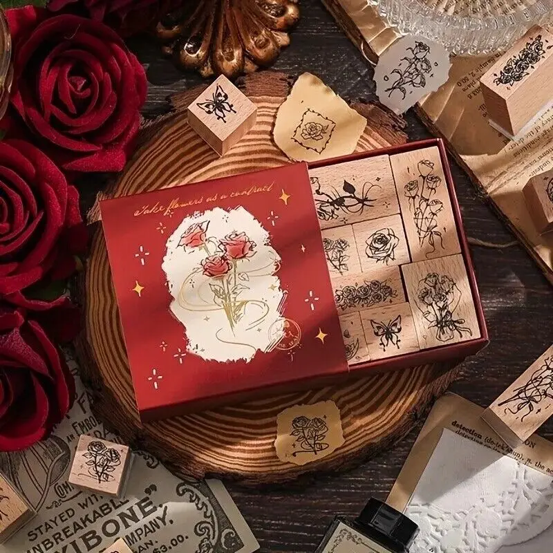 장미꽃 나무 고무 스탬프 세트, 스크랩북용 장식 사인, DIY 공예, 표준 나무 스탬프, 학교 용품, 10 개