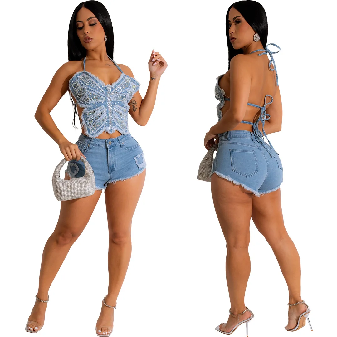 Sexy Summer Jeans Two Piece Set Women Diamonds Halter Butterfly Lace Up Backless Crop Top and Denim Shorts Casual Clubwear Suit