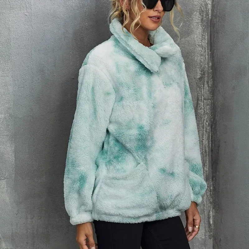Ladies Autumn and Winter Long-sleeved Fashion Coat Plush Pocket Long Coat Women Pocket Casual Tie Dye Hooded Pullover Sweatshirt
