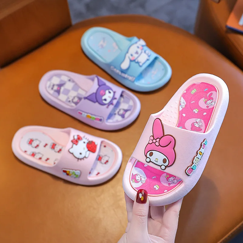 

MINISO Hello Kitty Kawaii Kids Slippers Anime Kuromi Girl Summer Soft Sandal Cinnamoroll My Melody Kids Indoor Bathroom Slippers