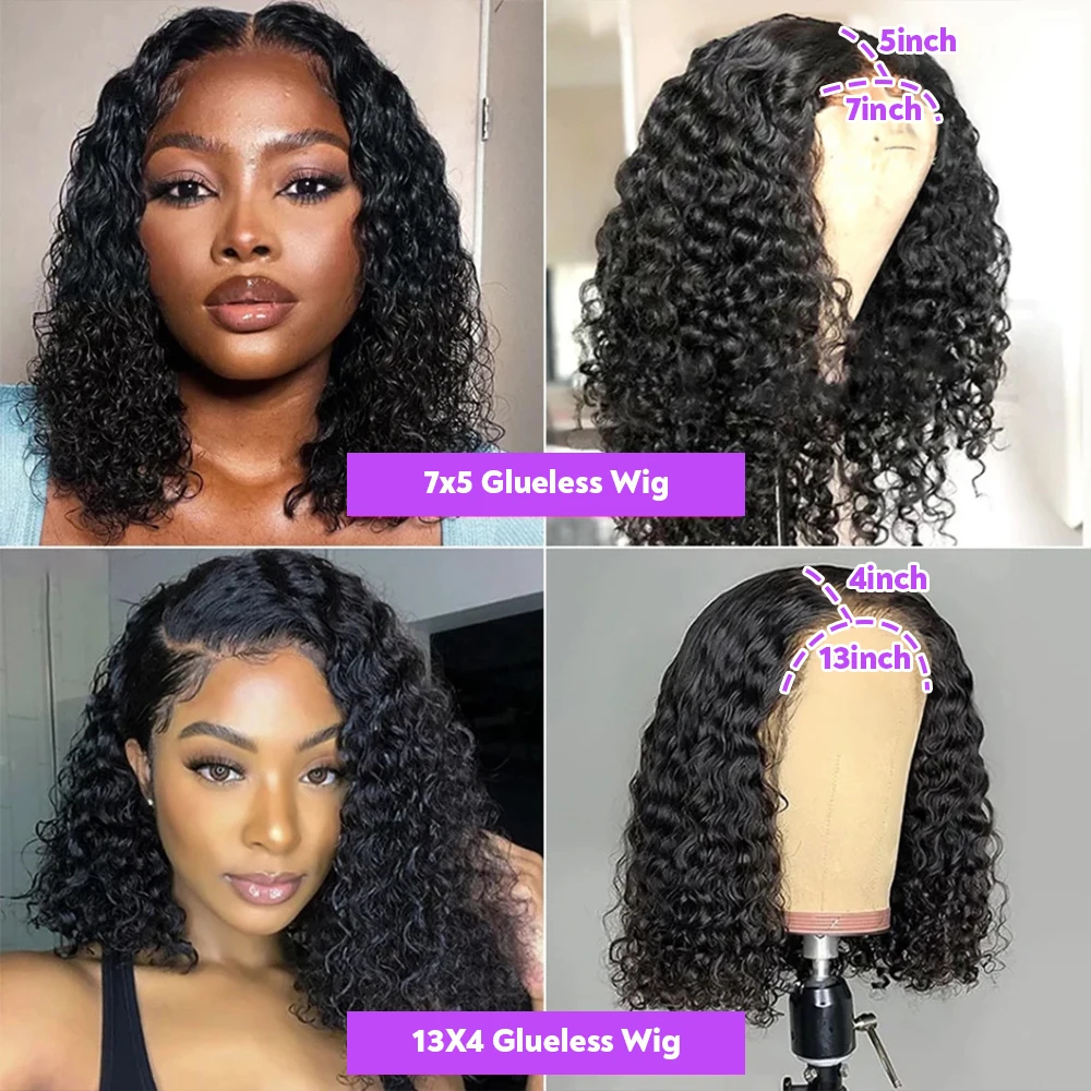Perruques en cheveux humains vierges bruts 100% vietnamiens originaux, Lace HD prédécoupée, style Bob court, Ondulations profondes et bouclées volumineuses, Perruques avec closure frontale 13×4, Ondulations Water Wave, Sans colle, Prêtes à porter, Perruque sans colle 7×5 pour femmes, 10, 14, 16 pouces