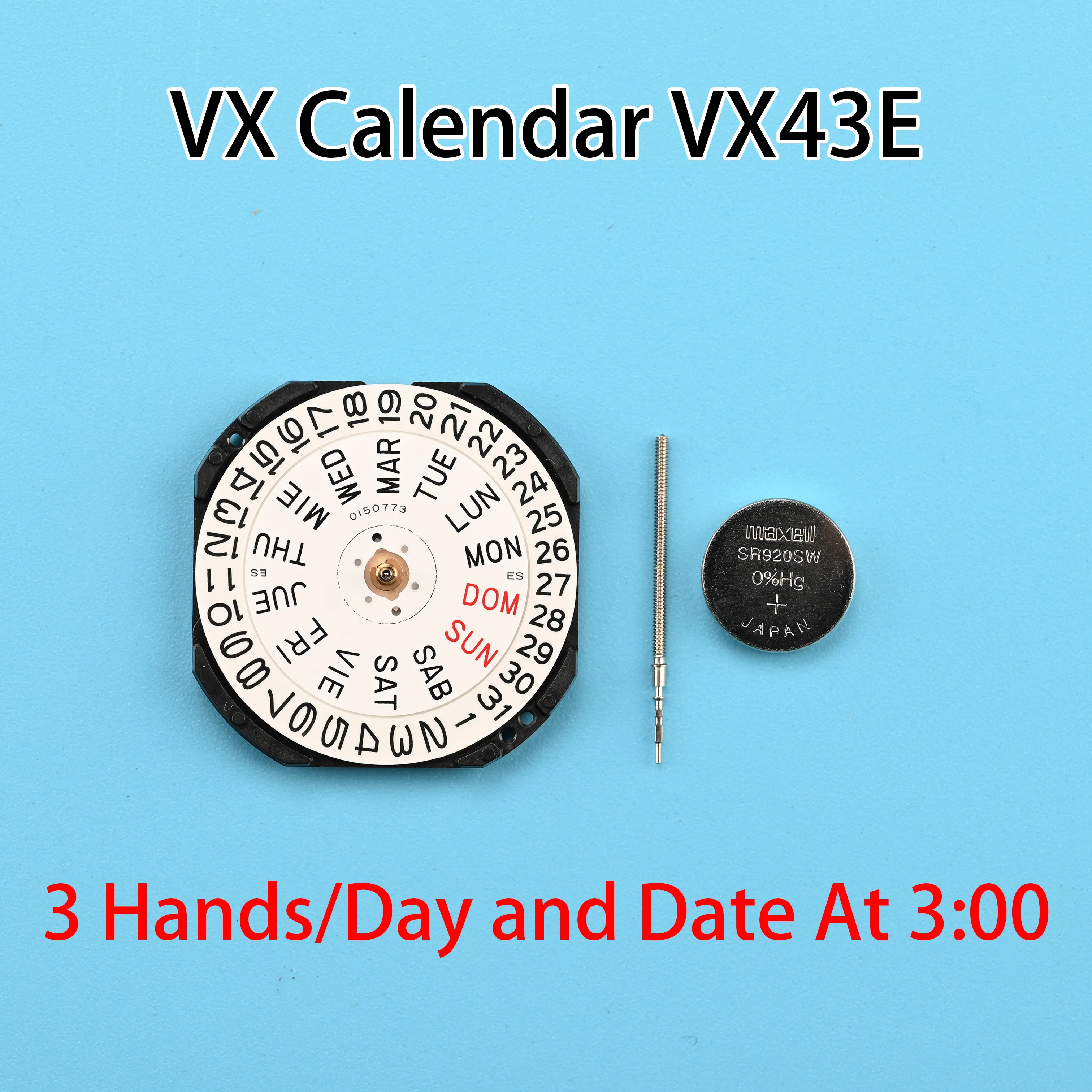 

VX43 Movement Epson VX43E-3 Movement VX Calendar Series VX43E Quartz Movemet Size:11 1/2''' 3 Hands/Day/date display at 3:00