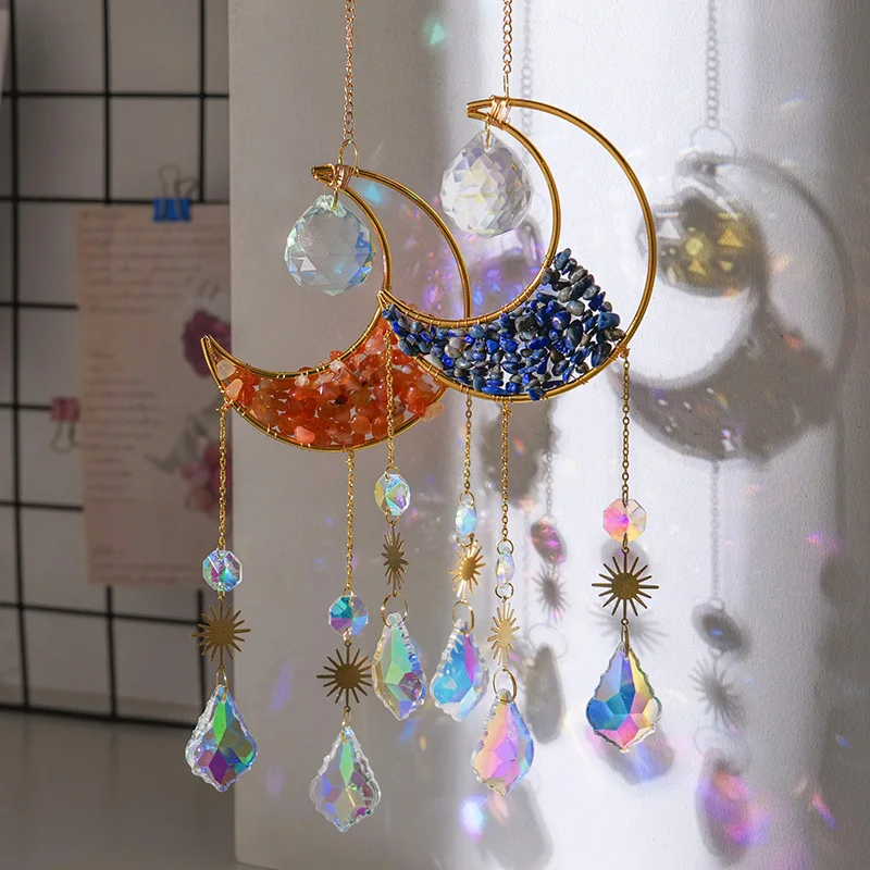 

Natural Energy Crystal Gravel Sun Catcher Amethyst Moon Room Decoration Lighting Handmade Wind Chimes Decorative Pendant