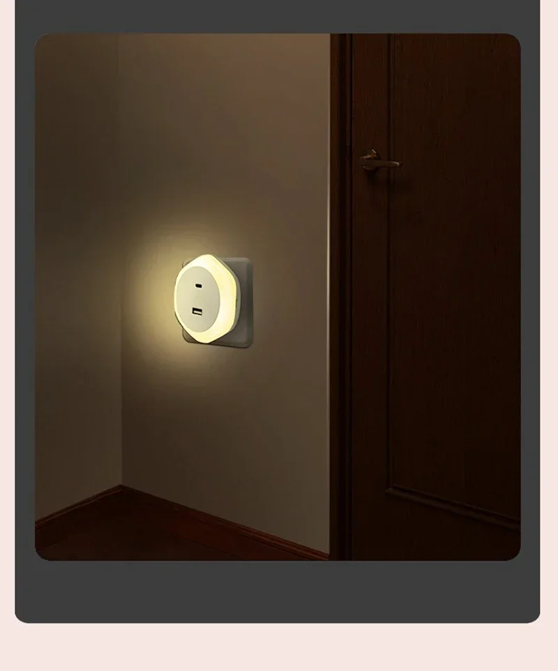 USB Plug Night Lamp EU Type-C Charger Port Auto Light Sensor Dimmable Warm White  Bedroom Hallway Stairs LED Bedside Lights