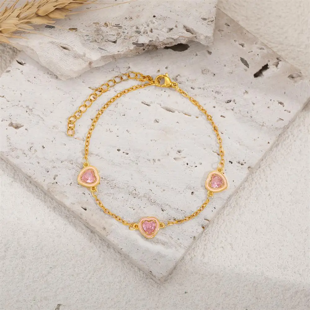 French Light Luxury Pink CZ Zircon Bracelet PVD Stainless Steel Romantic Heart Sparkling Rhinestone Delicate Hand Jewelry Gifts