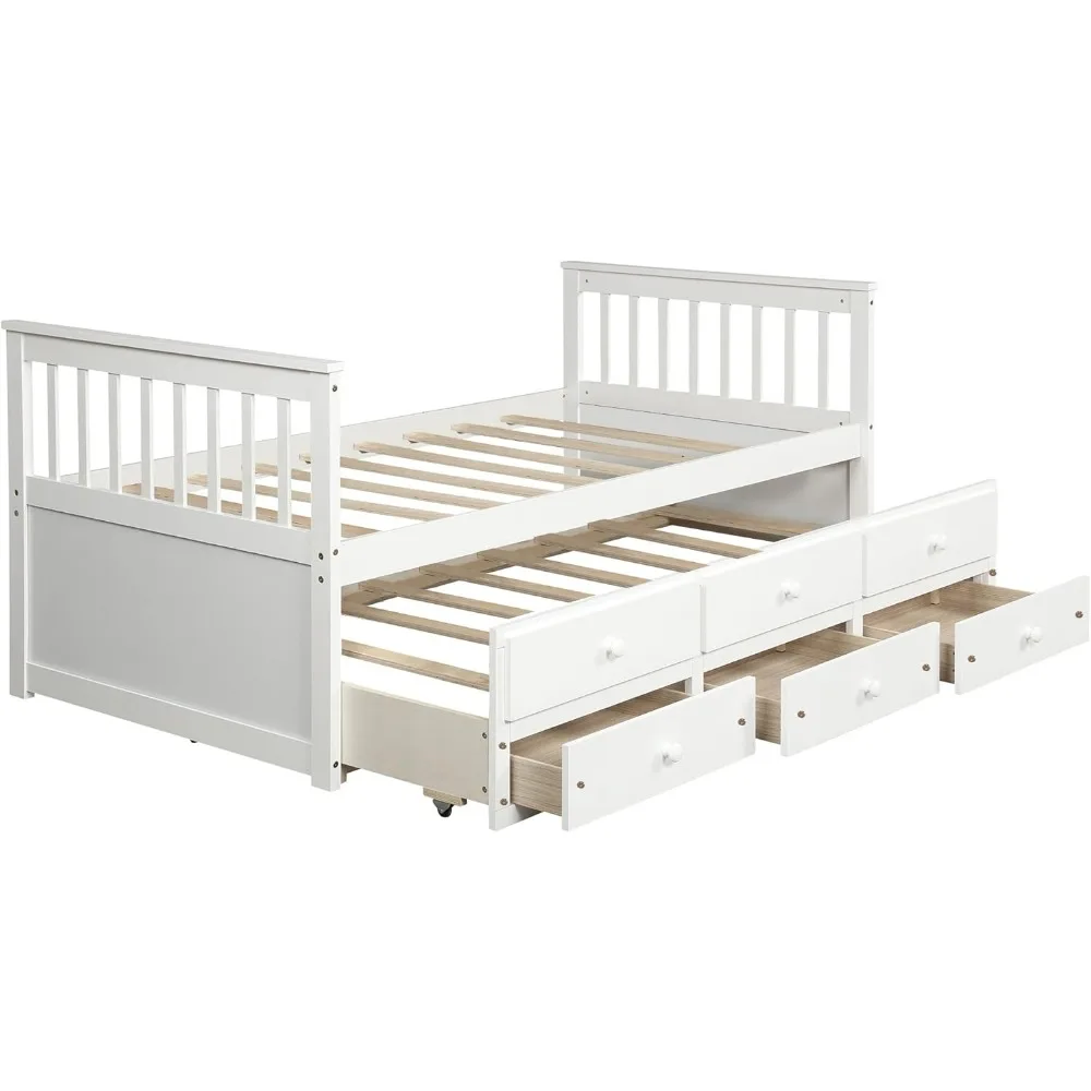 Storage Twin Bed with Trundle and Drawers Wood Daybed Captain’s Bed Bedroom Furniture for Kids Teens Guests 4