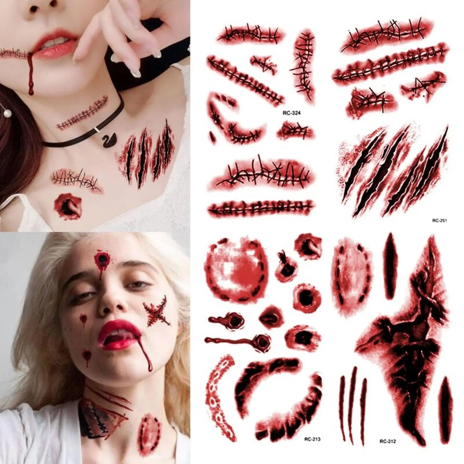 50 Fogli Tatuaggi Temporanei Halloween Viso - Set Cicatrici Finte E Sangue Finto Per Costumi Zombie E Trucco Horror