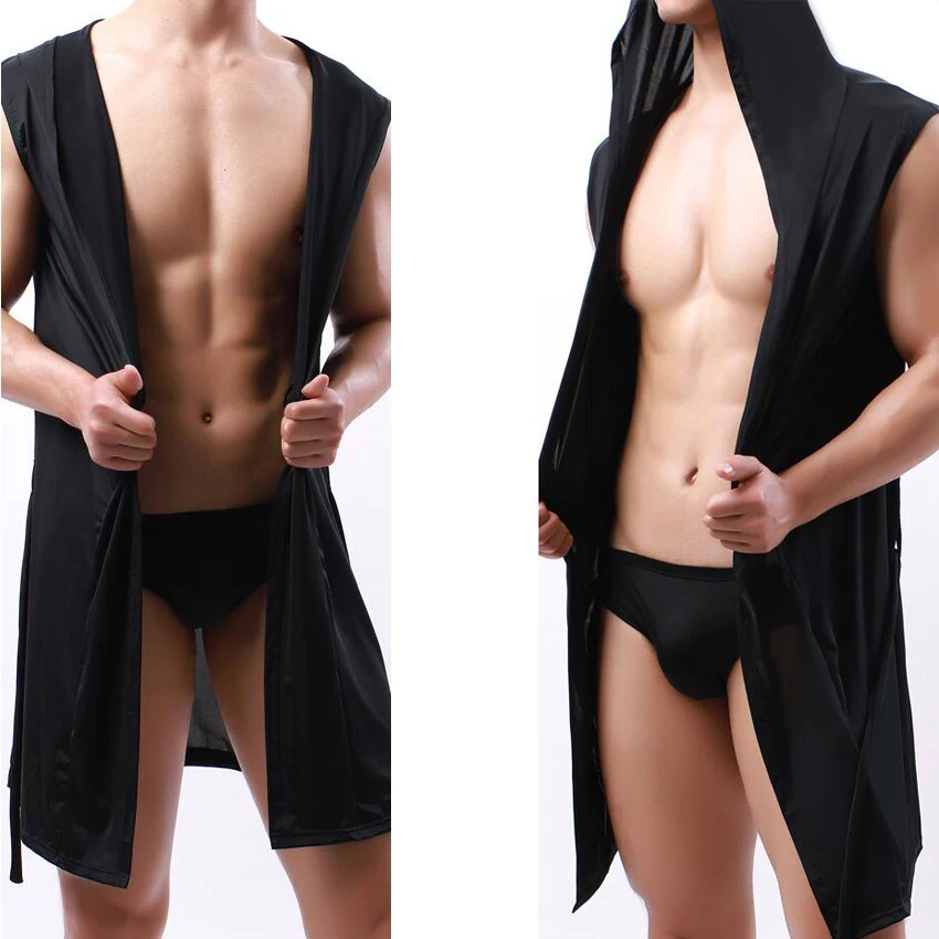 Men Hooded Bathrobe Mesh Silk See Through Sleeveless Towel Long Bath Robe Hoodies Nightgowns Sleepwear Loose Casual Sleep Tops Ice Silk Bathrobe