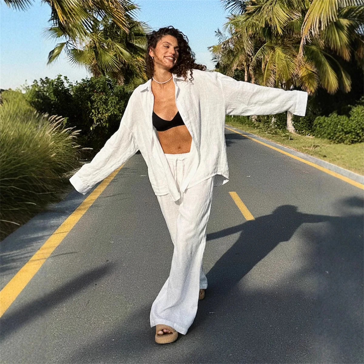 Women Casual Cozy Lapel Pink Shirt Pants Suits Fashion Single Breasted Blouses Elastic Waist Pant Set 2025 Spring Loose Outfits