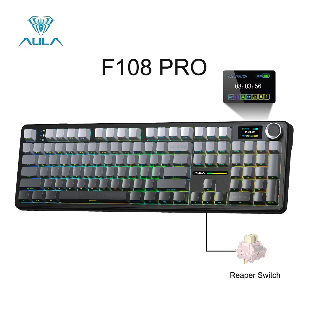 AULA F108 PRO 무선 기계식 키보드 (스크린 노브 포함) 풀 사이즈 8000mAh 배터리 RGB 백라이트 핫스왑 가능 게이밍 키보드