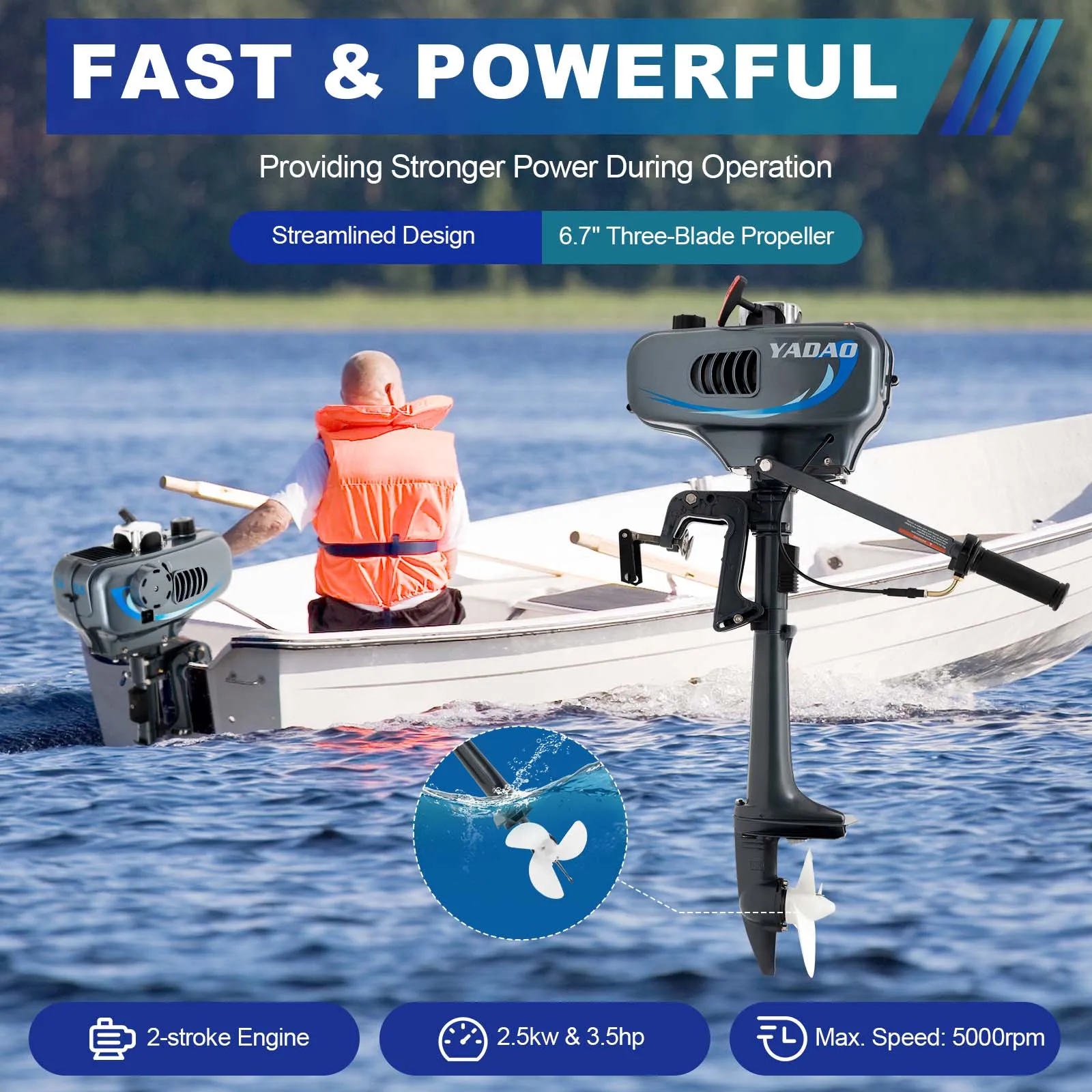 2 Stroke Gasoline Engine Half Water-cooling and Air-cooling System Grey 3.5HP 49cc Boat Outboard Motor Short Shaft