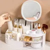 Makeup Storage Box With Mirror Desktop Dressing Table Makeup Mirror Cosmetics Jewelry Storage Box Touch Light Storage Organizer 5