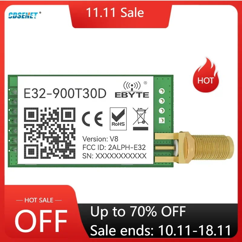 LoRa Wireless Serial Port Module RF UART 868MHz 915MHz 30dBm 8km Long Range SMA-K CDSENET E32-900T30D TTL DIP Tranceiver wireless module