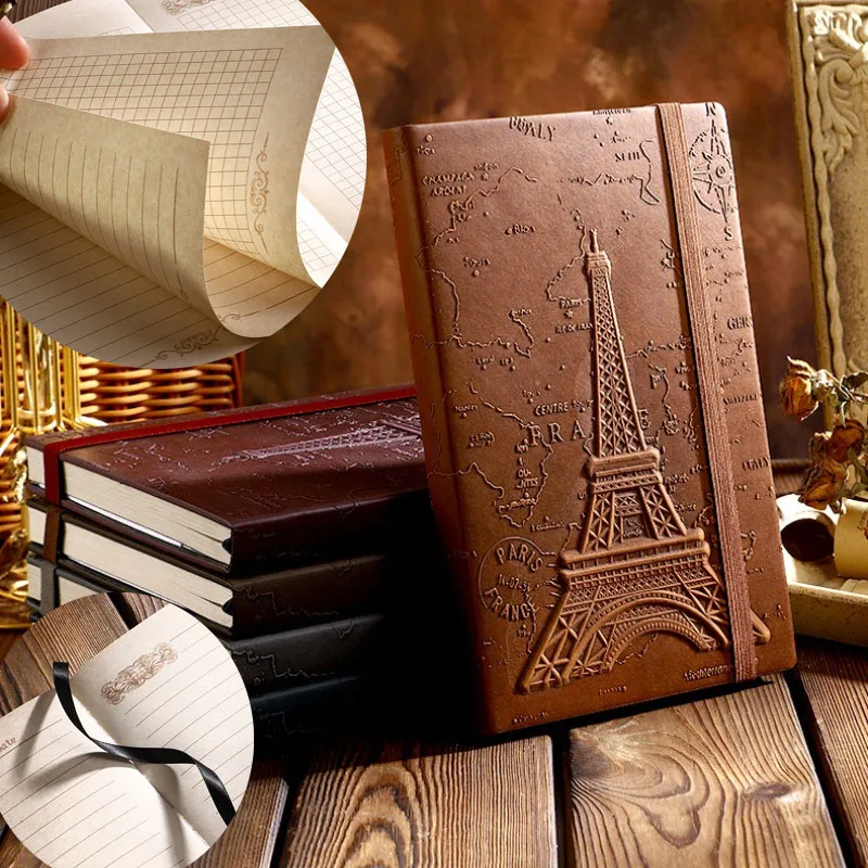Retro Iron Tower Embossed Leather Notebook Diary