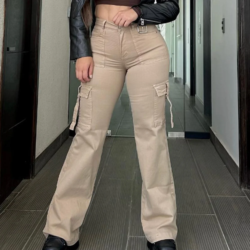 Pocket Solid Color Women\'s Cargo Pants Y2K Street Retro Loose Wide-Leg Overalls Casual Mid-waist Straight Jeans