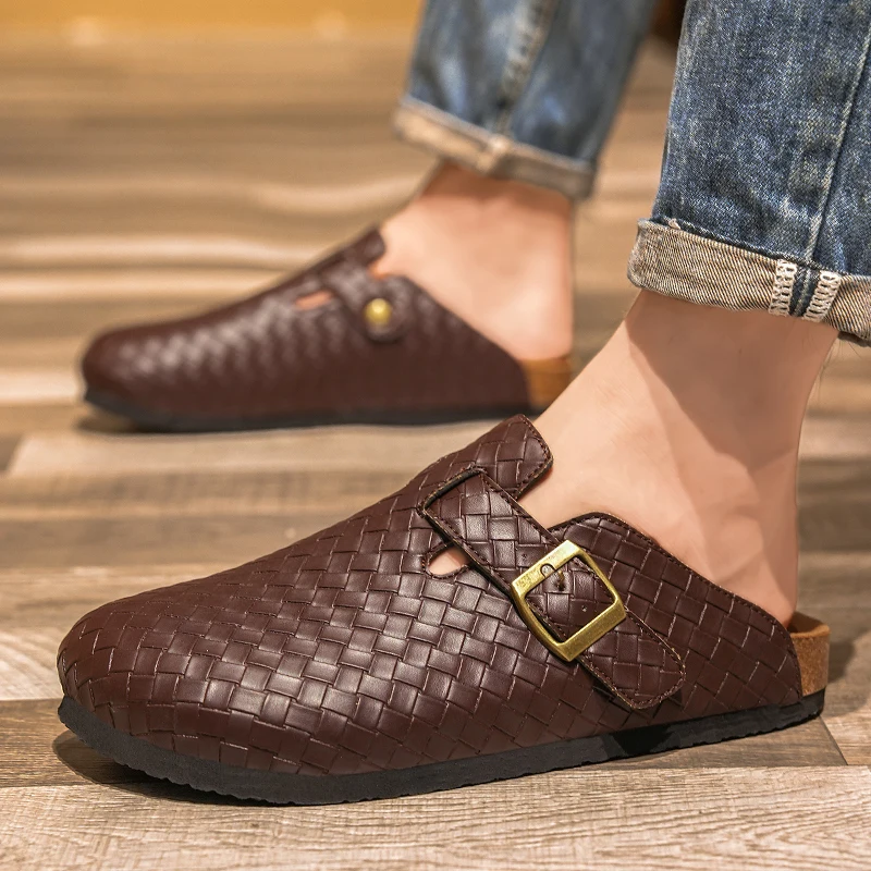 Summer Unisex Adjustable Cork Slippers Men Leather Slides Slippers Black Brown Cover Toe Slipper Dropshipping — view 2