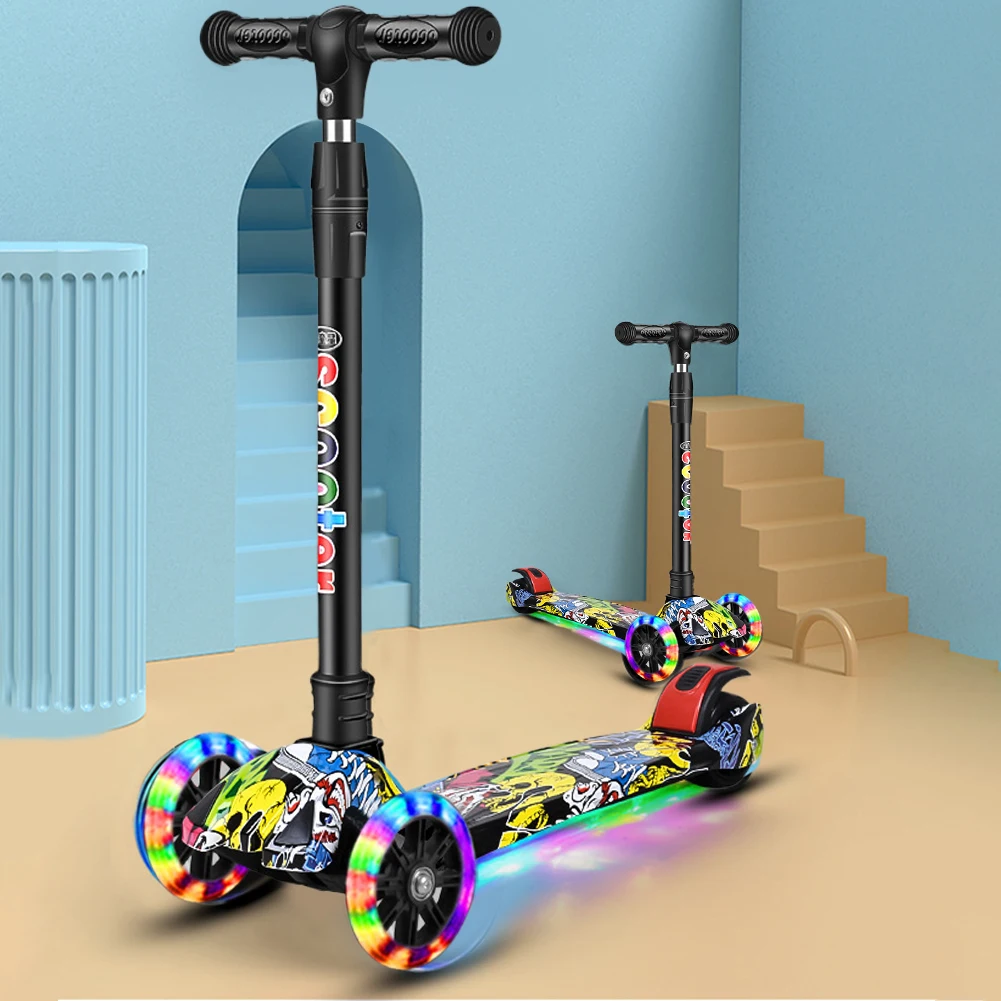 Foldable Kick Scooter Light-Up Wheels 3 Wheel Scooter Adjustable Height Kids Push Lean To Steer for Children Ages 2-10