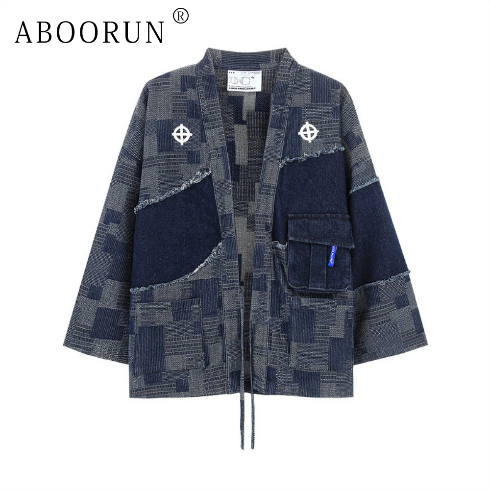 ABOORUN 남성용 패치워크 데님 재킷, 패션 가디건, 도교 로브 스트리트웨어