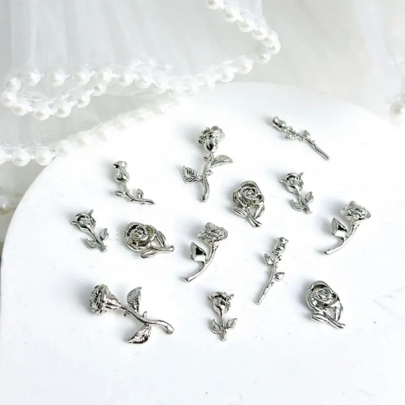 20pcs 라이트 럭셔리 금속 합금 장미 꽃 네일 매력 DIY 손톱에 대 한 3D 레트로 실버 꽃 네일 아트 장식 액세서리