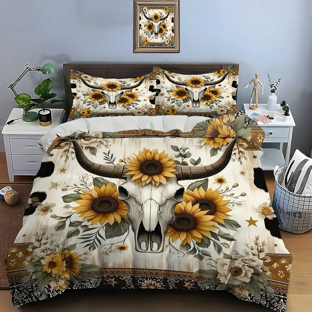 Native American Cattle Skull art Print Bedding Set Duvet Cover 1 Duvet Cover 2 Pillowcases Adult and Kids Bedding Set Luxury