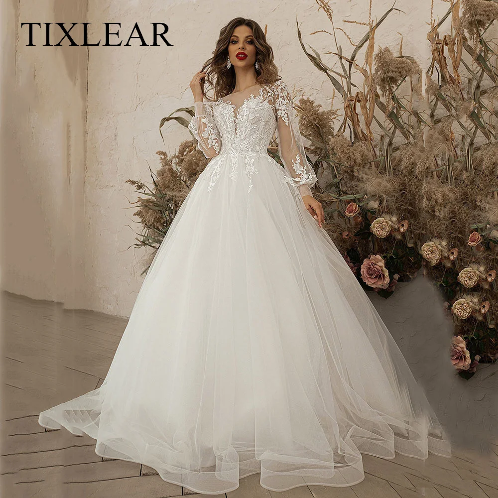 

TIXLEAR Elegant A-Line Wedding Dress O-Neck Organza Embroidery Court Lace-up Illusion Long Sleeves Bridal Gown Vestidos De Noiva