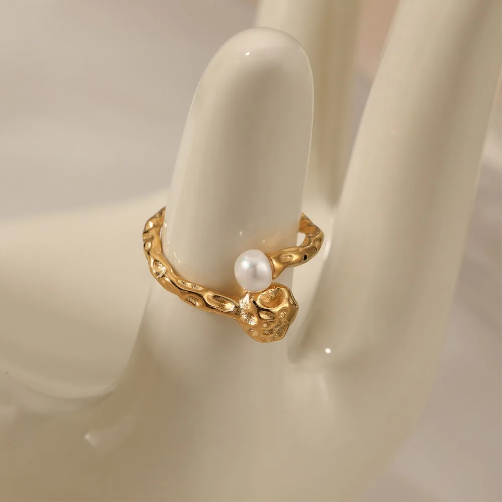 Creative Lava Textured Opening Pearl Rings Designer Style 18K Gold Plated Waterproof Statement Ring Gold&silver Double Color New