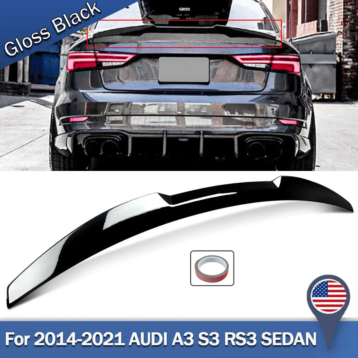 M4 REAR TRUNK SPOILER HIGHKICK WING FOR 14-20 AUDI A3 S3 RS3 SEDAN GLOSS BLACK