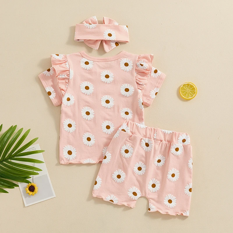 2024-03-25 lioraitiin Summer Baby Girls Outfits Floral Print Short Sleeve T-Shirt and Shorts Cute Headband Set 3PCS Clothes