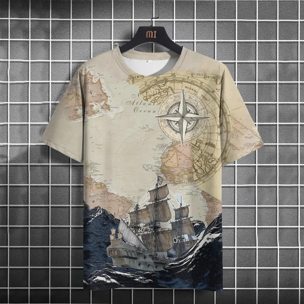 thumbnail image 1 of Camiseta con estampado náutico para hombre, camisetas de manga corta con patrón de brújula, ropa informal de verano para hombre, camisetas de moda para uso diario, 1 of 4