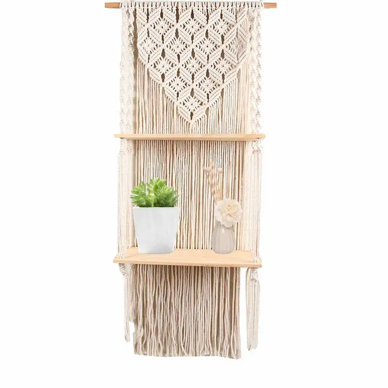 

Macrame Plant Hanger Shelf 2 Tire Macrame Plant Decor Shelf Indoor Outdoor Floating Wood Shelve Decorative Hand Made Boho Shelf