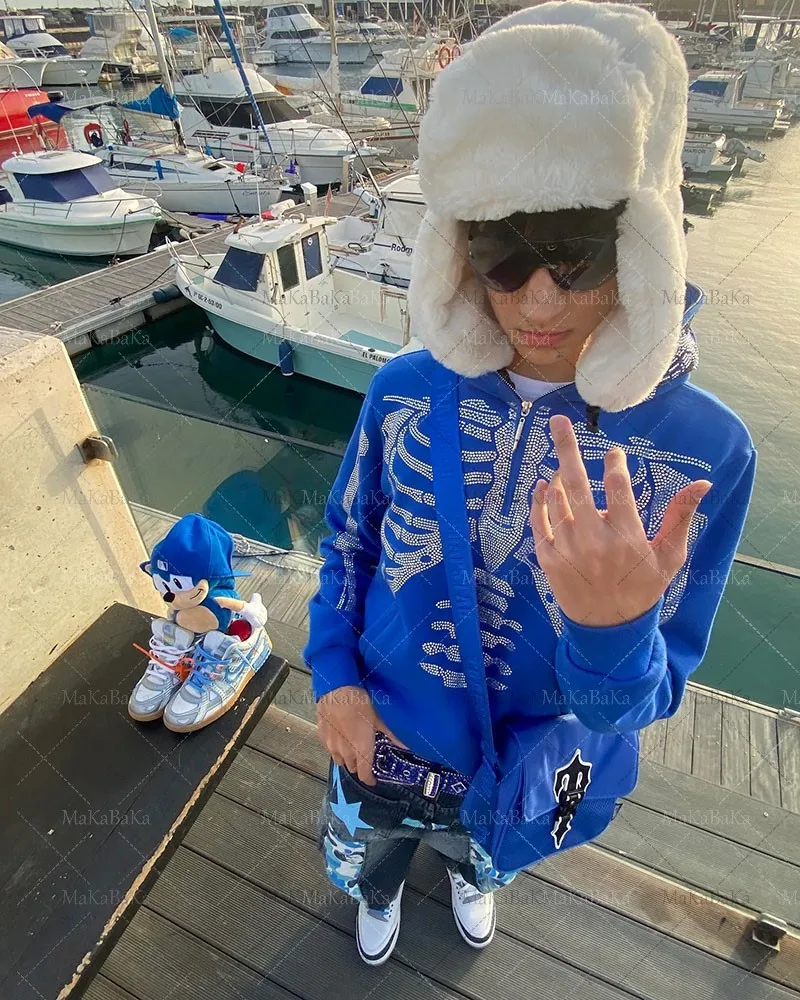 Men Fashion Hoodie Skull Rhinestone ZipUp Hoodie grunge Oversized  Sweatshirt Punk Harajuku Long Sleeve Outerwear Y2k clothes men - AliExpress