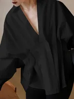 Missuoo Solid Color Simple Shirt for Women 2024 Autumn New Korean Style V-neck Puff Sleeves Loose Fit Blouse One-size Shirt Tops - Image 3