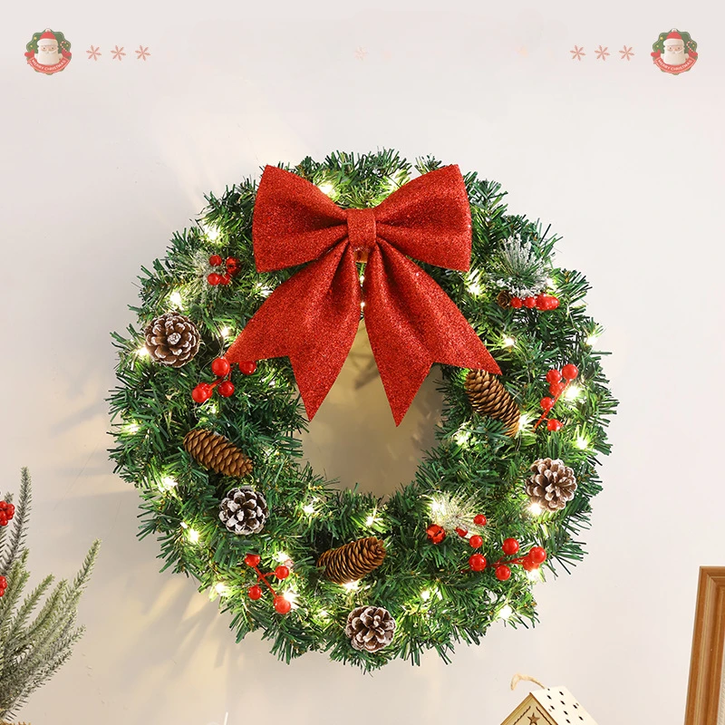 

40/50/60cm LED Christmas Wreath Decor Bow Pinecone Door Window Wall Hanging Ornaments Home New Year Christmas Decorations 2024