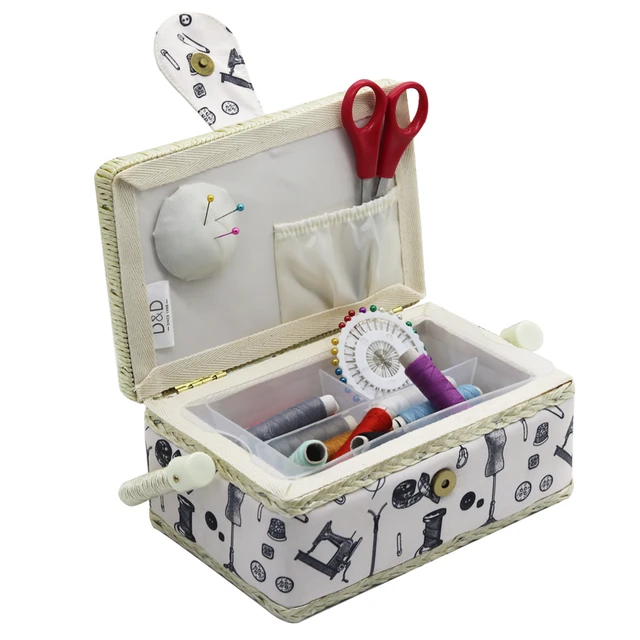 Print Design Sewing Basket, Sewing Kit Storage Box with Removable Tray,  Built-in Pin Cushion and Interior Pocket