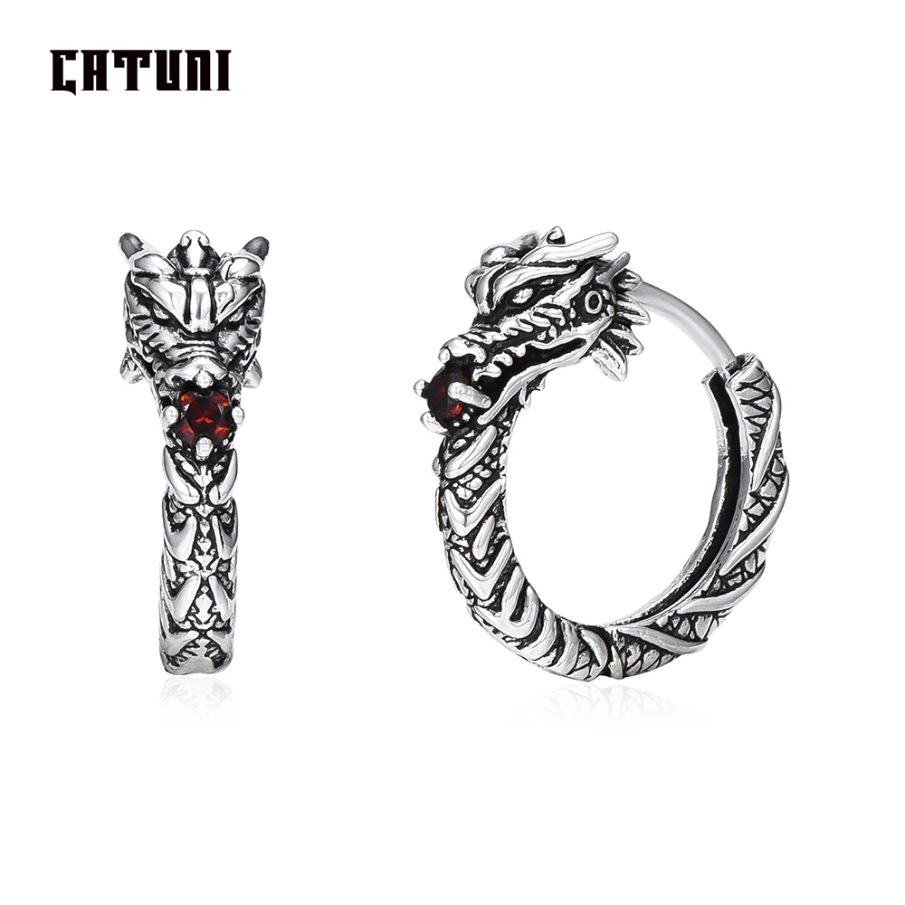 Catuni Hot Dragon Goth Punk Hoop Earrings Copper inlaid Red