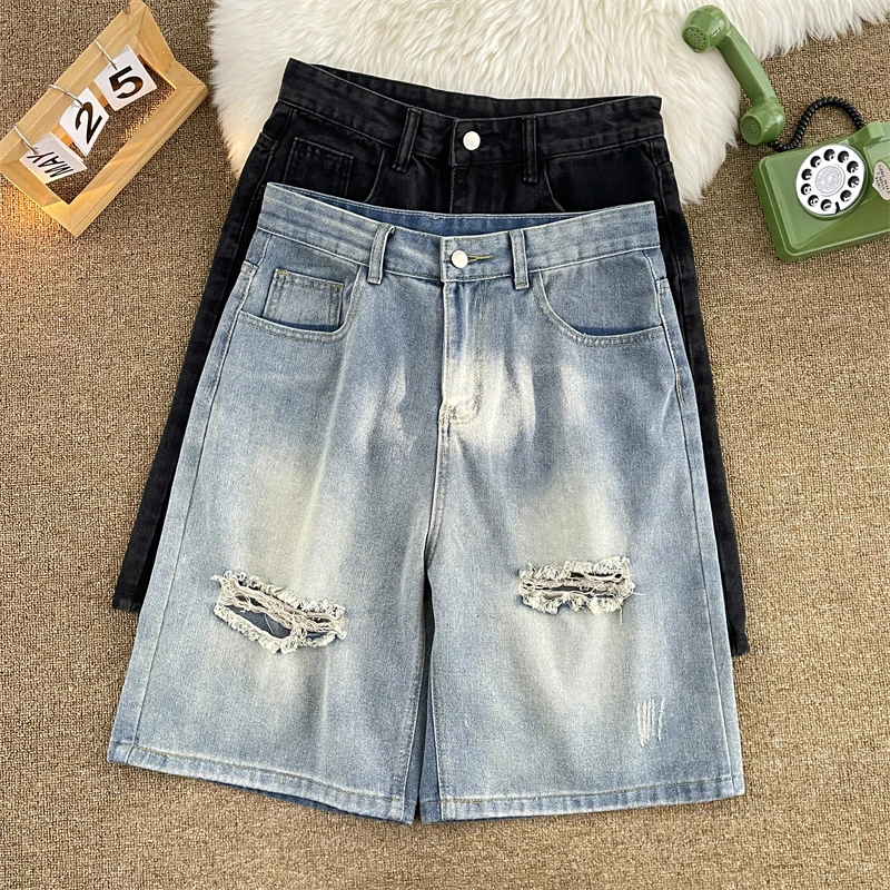 Korean Luxury Clothing Men's Summer Denim Knee Length Shorts Fashion Designer Ripped Hole Cowboy Korean Short Pants A64