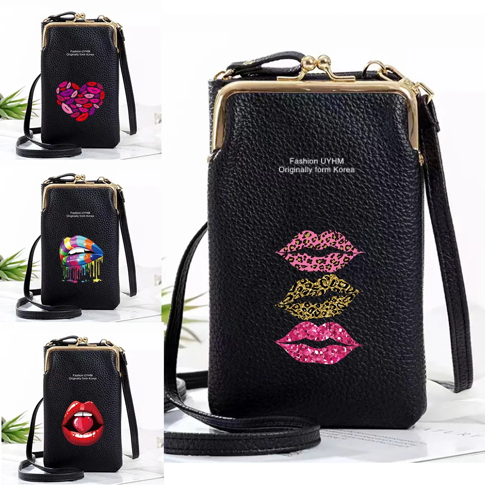 Women Mobile Phone Shoulder Bags Messenger Bag Wallet Ladies Handbag Mouth Print Leather Crossbody Small Card Holder Coin Purse