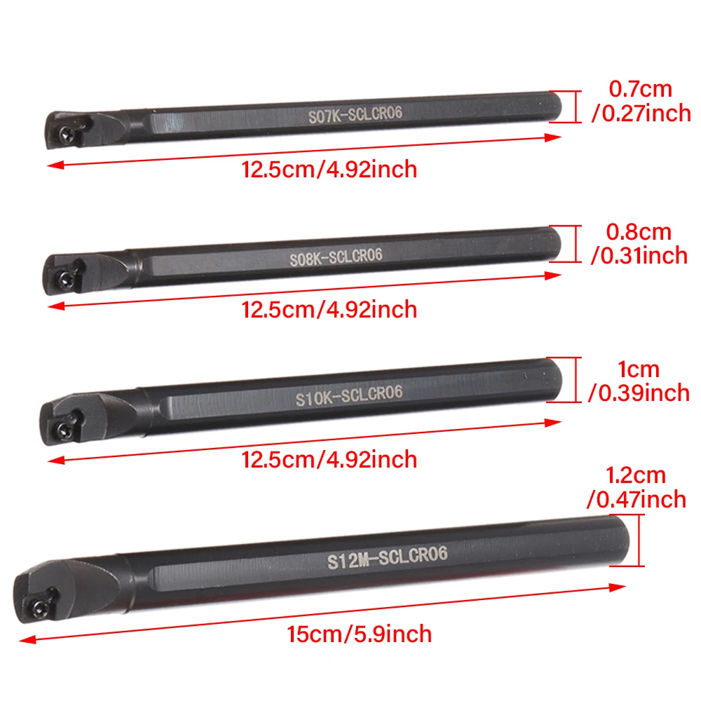 CNC Cutting Tool Holder 4 Set of 7/8/10/12mm SCLCR Lathe Boring Bar Turning Tool Holder +10Pcs CCMT 0602 Inserts Blades